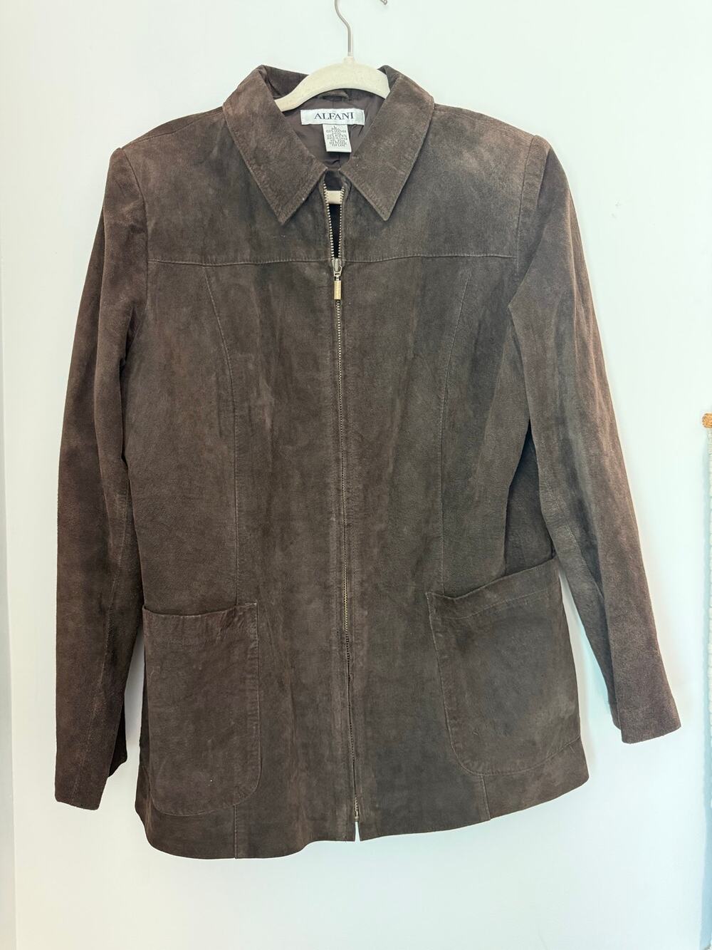 Vtg Y2K Alfani L Brown Suede Leather Zip Front Jacket Equestrian Old Money EUC